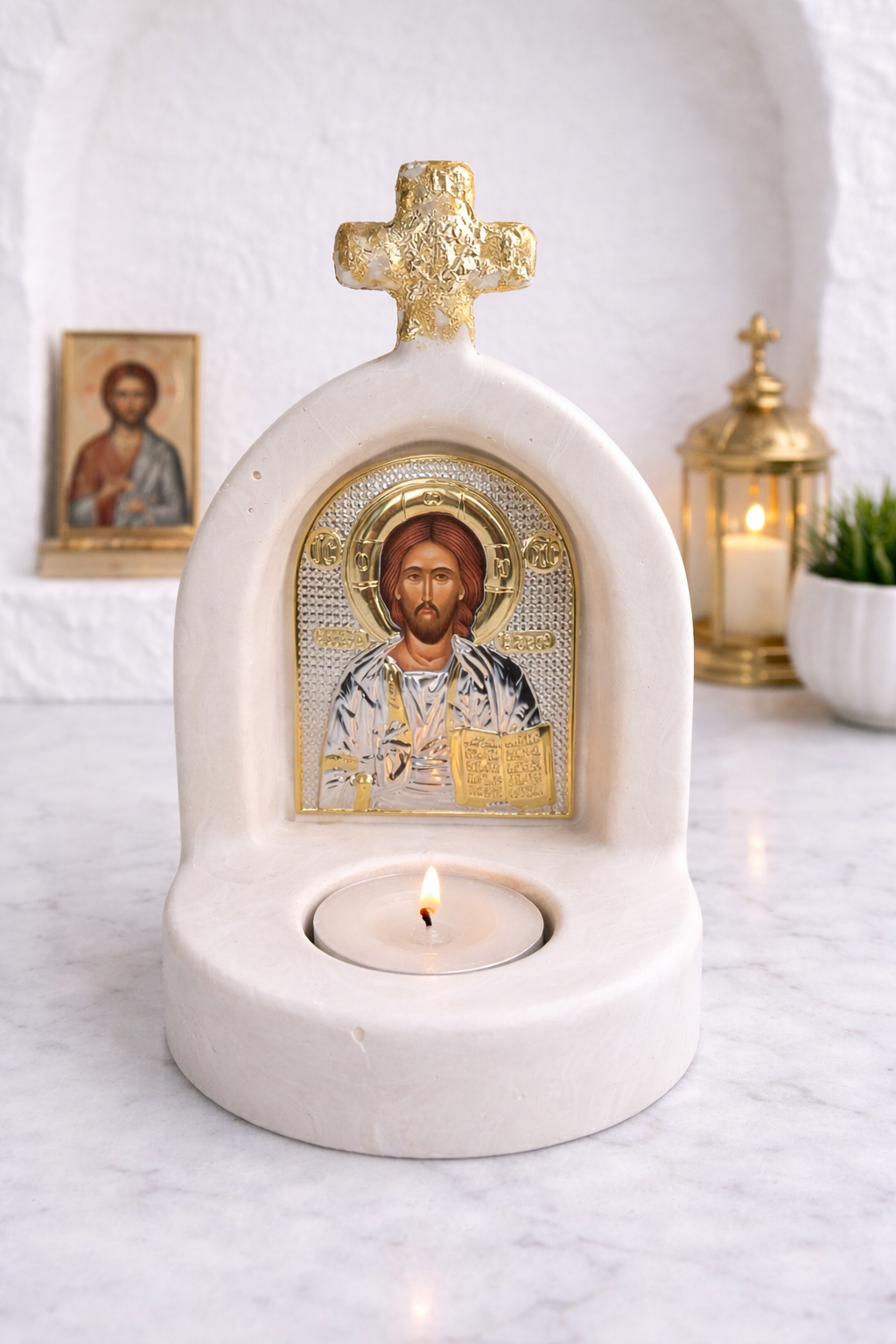 Gold Cross White Marble Little Phos Tealight Altar