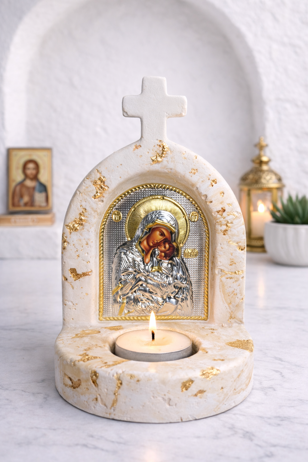 Beige Marble with Gold Leaf Little Phos Tealight Altar