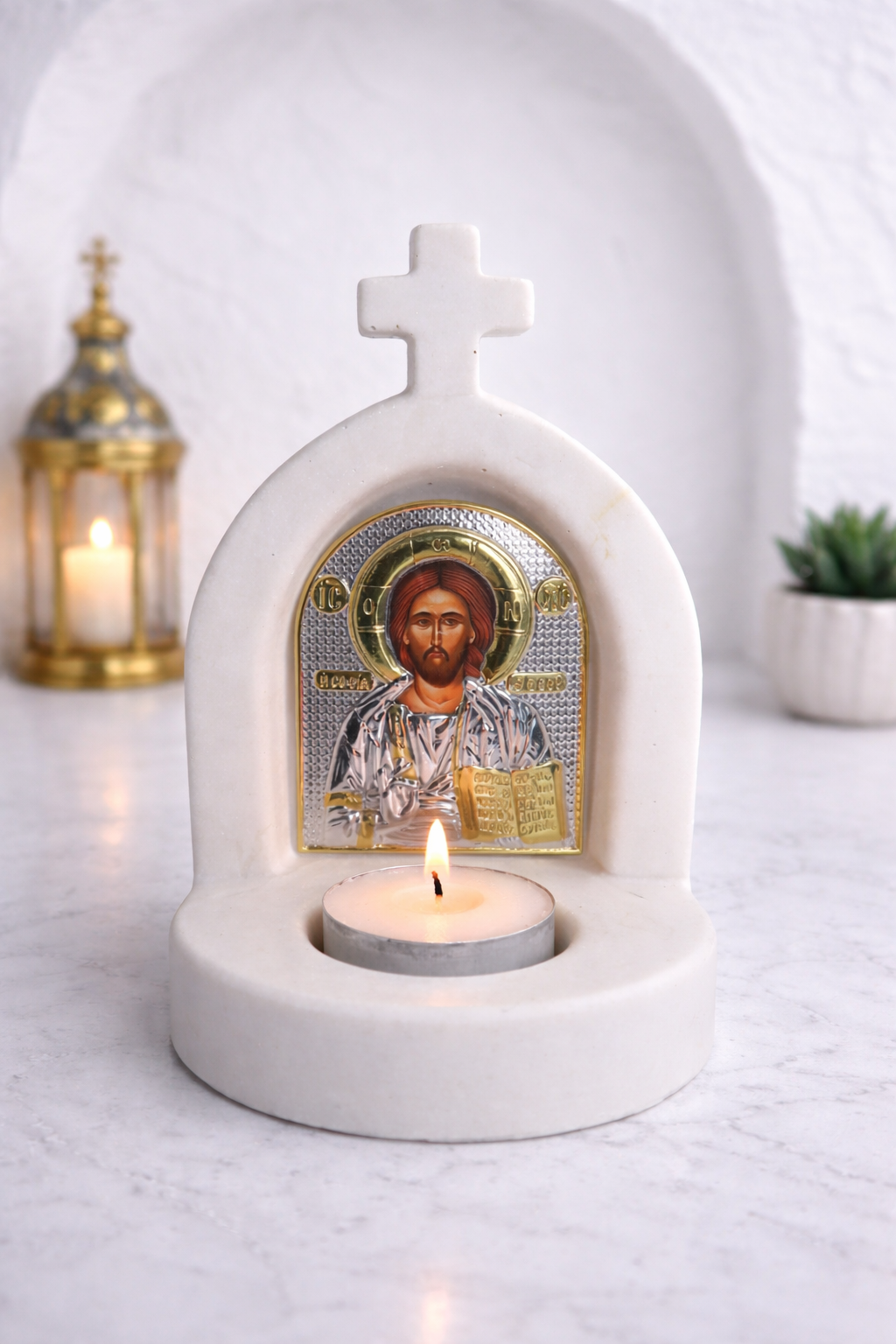 White Smooth Stone Little Phos Tealight Altar